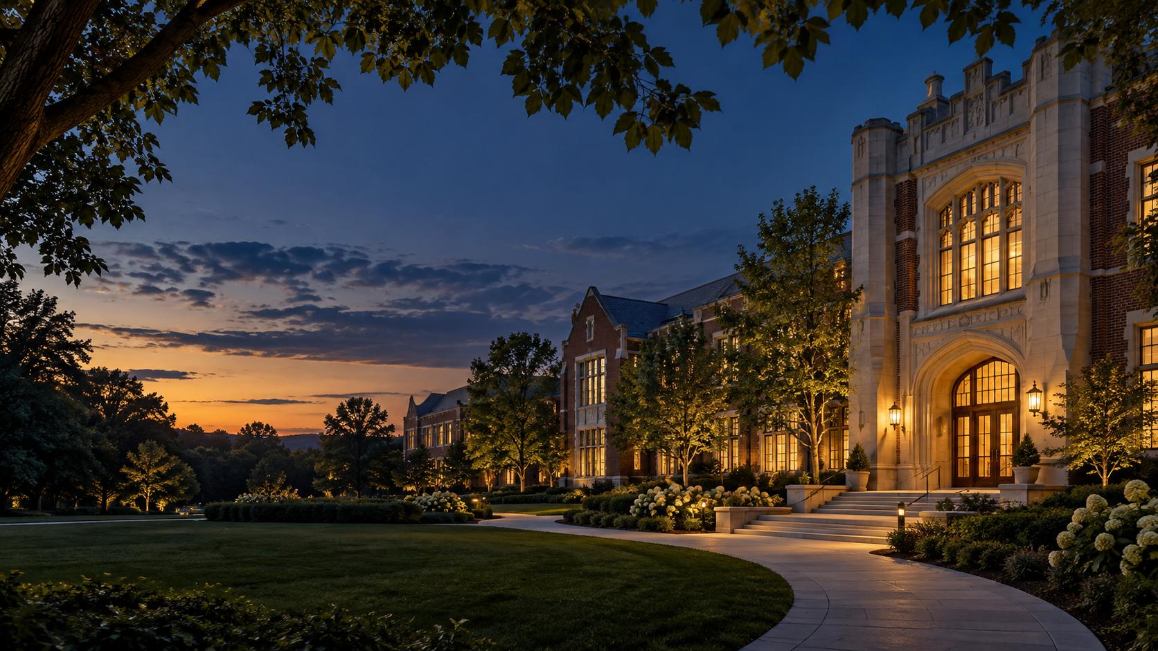 Illustrative school campus at sunset with warm windows and a tree-lined courtyard. AI-generated; not a customer location.